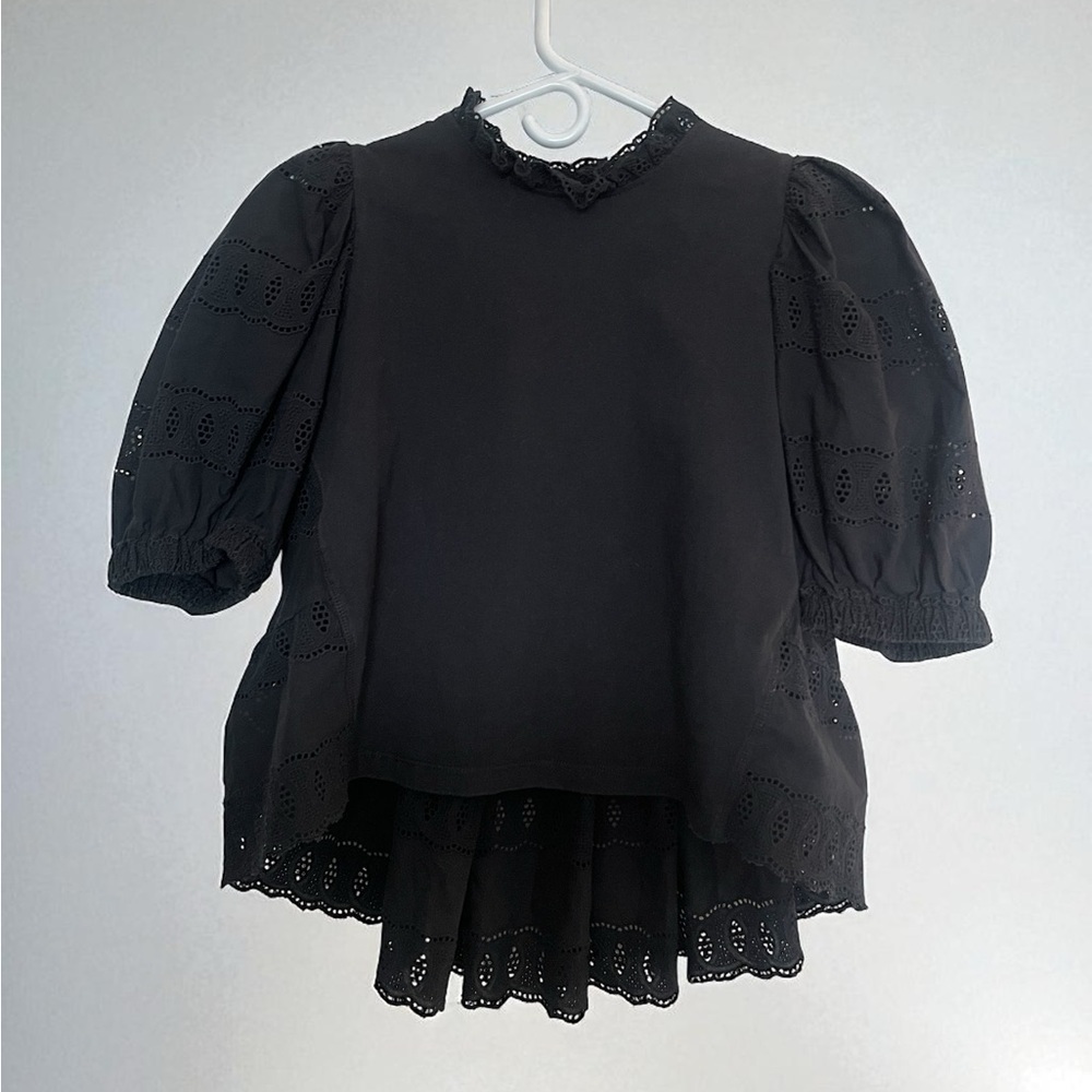 Anthropologie Othilia Idina Black Babydoll Ruffle gothicPuff Sleeve Eyelet Top S - Picture 2 of 8